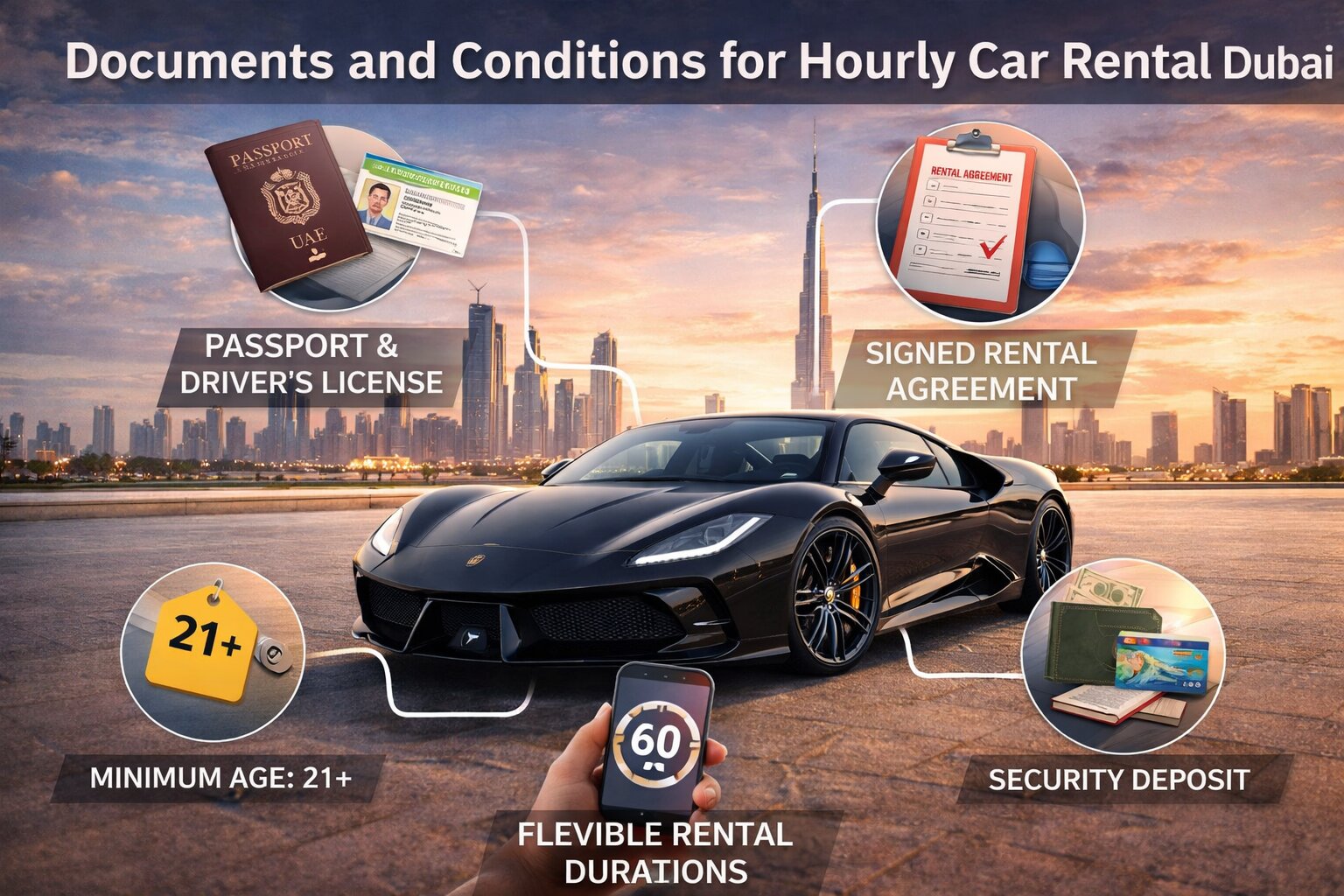 Documents and conditions for hourly car rental in Dubai