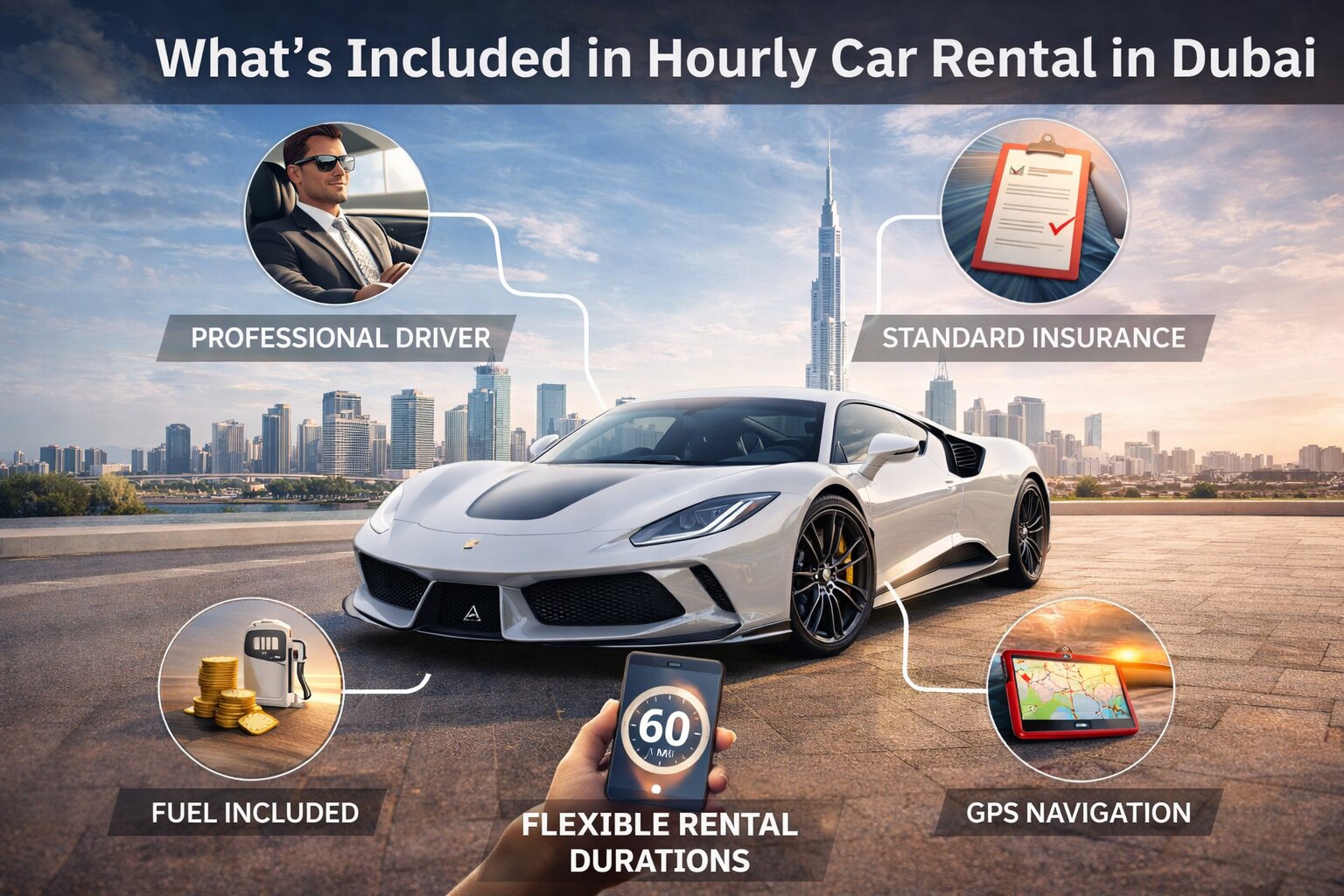 What is included in hourly car rental in Dubai?